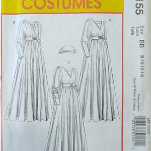 May include: A McCall's Costumes sewing pattern, M5155, featuring three dress designs with long sleeves, V-necklines, and belted waists. The pattern includes a hat. The size is BB (8-10-12-14).