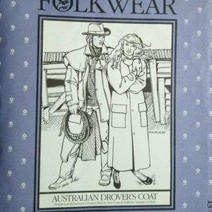 May include: Black and white illustration from a Folkwear pattern. The image features a man and woman in coats, with the text "AUSTRALIAN DROVER'S COAT" and "Traditional Horseman's Duster, Easy to Sew Coat & Pullover Sweater to Knit". The background is a light blue with a floral pattern.