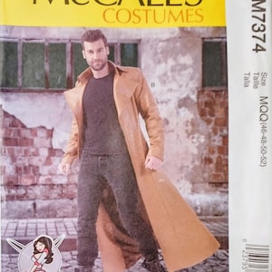 May include: McCall's Costumes sewing pattern M7374. The pattern features a man wearing a long tan coat, dark gray pants, and black boots. The pattern includes size MQ (46-48-50-52). The image has a yellow banner with the McCall's logo.