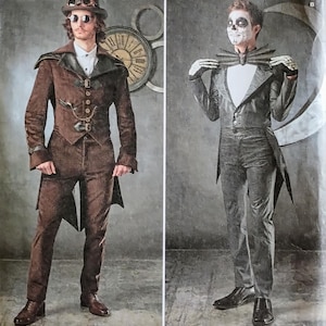 May include: Simplicity sewing pattern 1039 AA featuring two costume designs. One is a brown steampunk-inspired outfit with goggles and a hat. The other is a black and white skeleton-themed costume. Size U.S. 38-44.