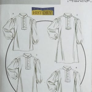 May include: Butterick sewing pattern B4825 featuring four views of a long-sleeved blouse with a high collar and button details. The pattern includes the text "MAKING HISTORY" and size information.