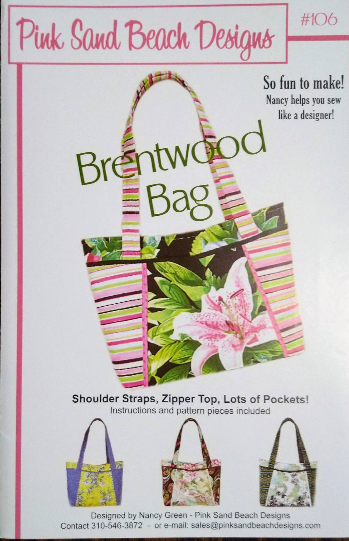 Brentwood Bag Pattern for a Purse With a Zipper Top Closure 