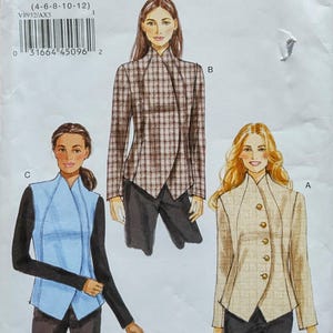 May include: Vogue Patterns sewing pattern, V8932, featuring three jacket designs. The pattern includes a plaid jacket, a beige jacket with buttons, and a blue vest with black sleeves. The pattern size is AX5 (4-6-8-10-12).