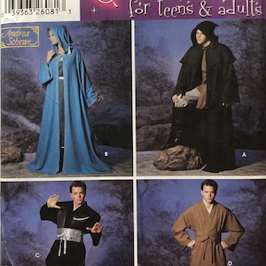 May include: Simplicity costume pattern featuring four different costume designs for teens and adults. The designs include a hooded robe, a black cloak, a martial arts outfit, and a brown robe with a belt. The pattern includes sizes XS to XL.