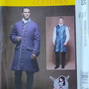 May include: A McCall's Costumes sewing pattern, M7585, featuring two costume designs. One design is a long, purple coat with ornate trim and buttons. The other is a blue vest over a white shirt. The pattern includes size MWW (38-40-42-44).