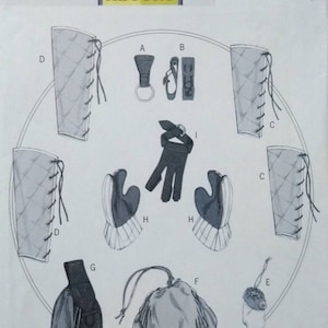 May include: A Butterick pattern B5733 with various costume pieces. The pattern includes items such as arm guards, gloves, a pouch, and a drawstring bag. The text "MAKING HISTORY" is visible.