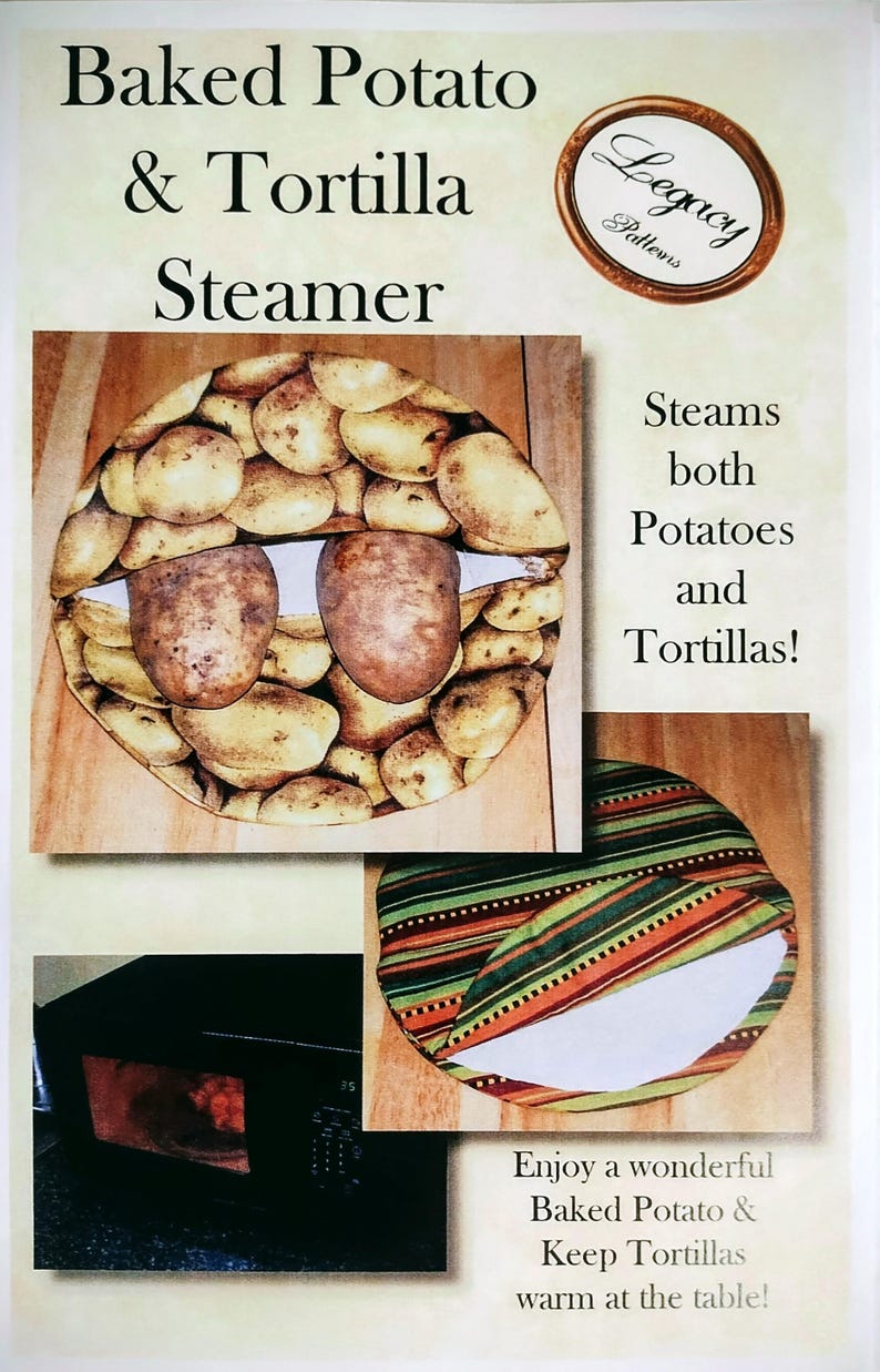 May include: An advertisement for a baked potato and tortilla steamer. The image shows a steamer with a potato design, a microwave, and a tortilla warmer. Text includes "Baked Potato & Tortilla Steamer" and "Steams both Potatoes and Tortillas!"