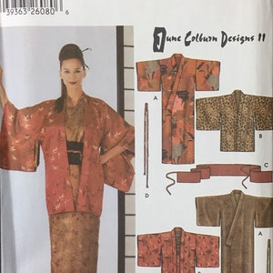 May include: Simplicity sewing pattern 5839 featuring June Colburn Designs 11. The pattern includes designs for a kimono-style robe with a belt. The main image shows a woman wearing a red and gold floral kimono.