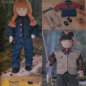 May include: Vogue Craft pattern 9833 featuring doll clothing designs. The image showcases various outfits, including a denim ensemble, a fisherman's outfit, a red and blue sweater, and a yellow rain suit. The pattern includes a variety of sizes.