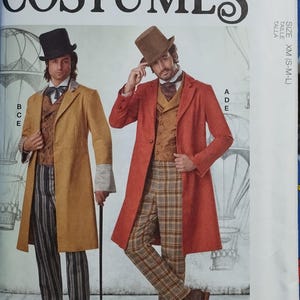 May include: McCall's Costumes pattern featuring two men in period attire. One wears a mustard-colored coat, striped pants, and a top hat. The other dons a red coat, plaid pants, and a brown top hat. The pattern includes sizes XM (S-M-L).