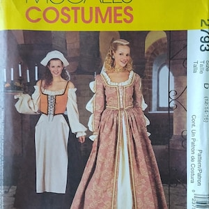 May include: McCall's Costumes pattern featuring medieval-style dresses. The pattern cover shows two women in historical gowns, one in a pink floral dress and the other in a cream and orange bodice dress. The pattern size is D (12-14-16).
