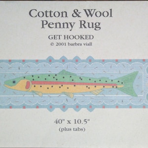 May include: A rectangular cotton and wool penny rug with a fish design. The rug features a light blue border with a fish illustration in shades of green, yellow, and red. The rug measures 40 inches by 10.5 inches.