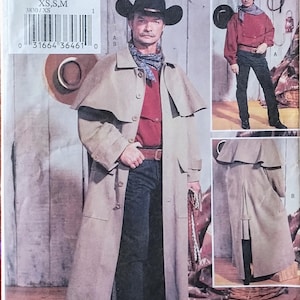 May include: A Butterick sewing pattern featuring a cowboy-style trench coat and other Western-themed garments. The pattern includes sizes XS, S, and M. The image shows a man wearing the coat, a red shirt, and dark jeans.