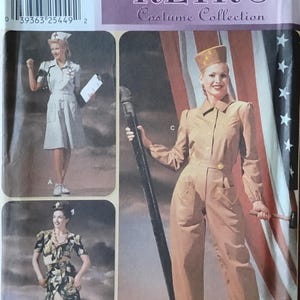 May include: Simplicity Retro Costume Collection sewing pattern. The pattern features images of vintage costumes, including a nurse's uniform, a military jumpsuit, and a floral dress. The pattern includes the text "Simplicity" and "Retro Costume Collection".