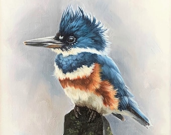 bird painting - kingfisher - bird art - belted kingfisher - blue bird - Open edition print