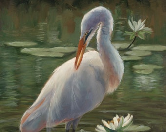 Bird - egret - egret painting - bird print - bird painting - realistic art - wildlife painting