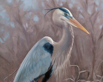 Heron - blue heron - heron painting - bird art - realistic art - bird painting - Heron in nest - bird print - Molly Sims art