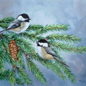 Pair of Chickadees - Chickadee - Bird painting - Black capped chickadee - Open edition print