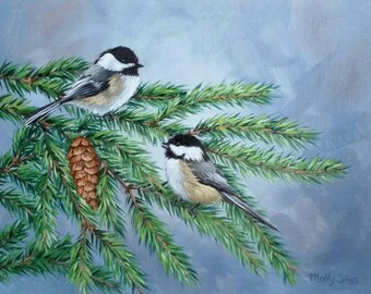 Pair of Chickadees - Chickadee - Bird painting - Black capped chickadee - Open edition print