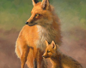 FOX - red fox and kit - fox painting - fox print - realistic art - wildlife painting