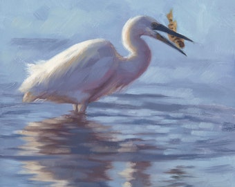 Egret - egret art - wildlife - white egret - bird painting - egret paintings - nature - oil painting - heron painting - egret fishing