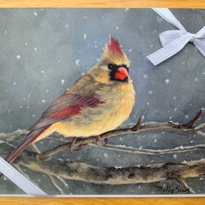 Tarjeta de notas navideñas - tarjeta cardinal - cardenal femenino - arte de aves - tarjeta de felicitación - tarjeta de vacaciones - cardenal nieve - artículos de papel