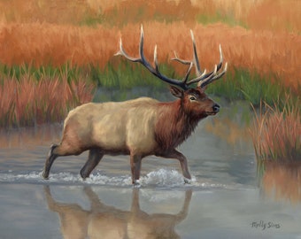 Elk Crossing - Elk - wildlife - nature - bull elk - elk painting - elk print - yellowstone elk - bugling elk - wildlife art