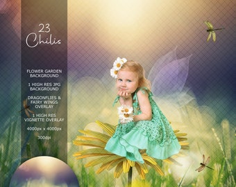 Flower Garden Digital Background with Dragonfly, Fairy Wings & Vignette Overlays INSTANT DOWNLOAD