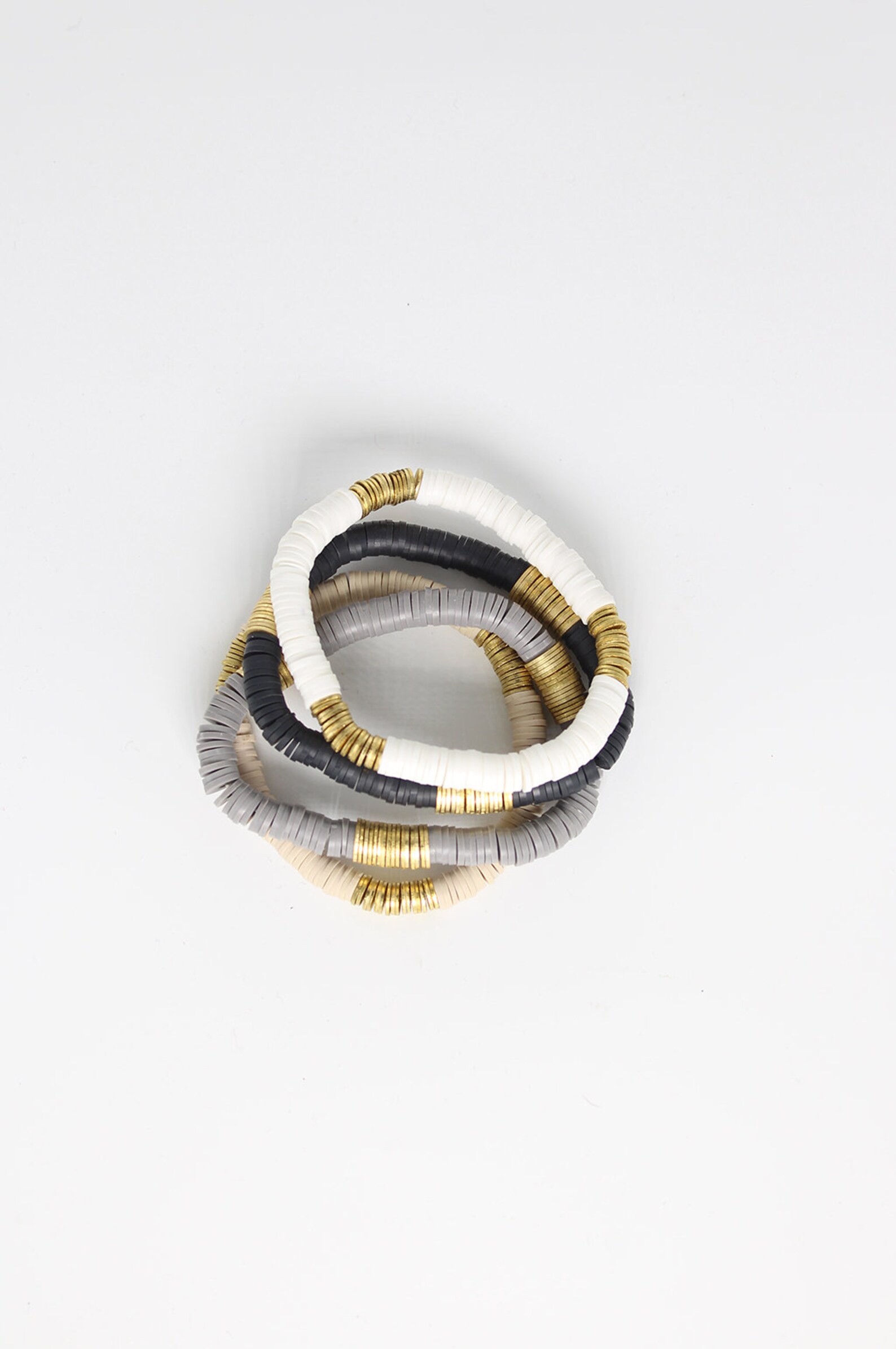 Neutral Clay Bead Bracelet Stack with Bold Gold Fillers Etsy