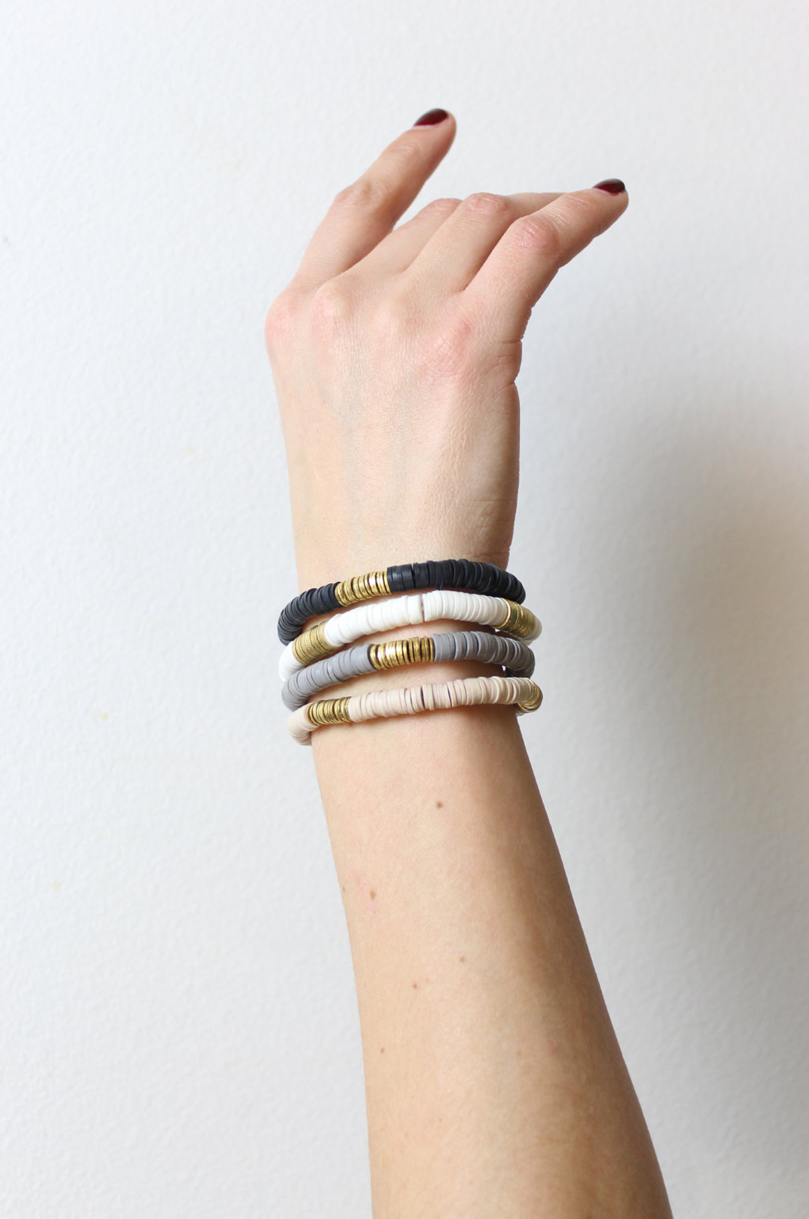 Neutral Clay Bead Bracelet Stack with Bold Gold Fillers Etsy
