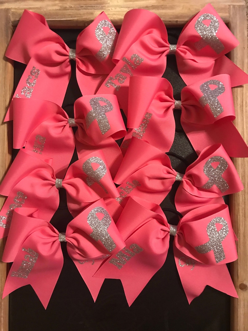 May include: Pink cheer bows with silver glitter ribbons and personalized names. The names on the bows are Ava, Taylor, Emma, Lily, and Mia.