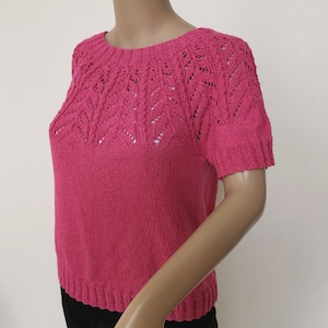 Knitting pattern summer sweater Solveig, women short sleeved shirt with lace motif