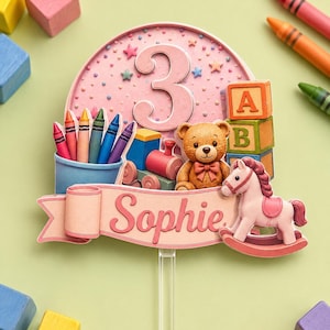 Toddler Birthday Cake Topper | Colourful topper with crayons, trains, blocks and bear