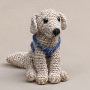May include: A crocheted cream-colored dog toy with a blue collar. The dog toy has a realistic face with black eyes and a black nose.