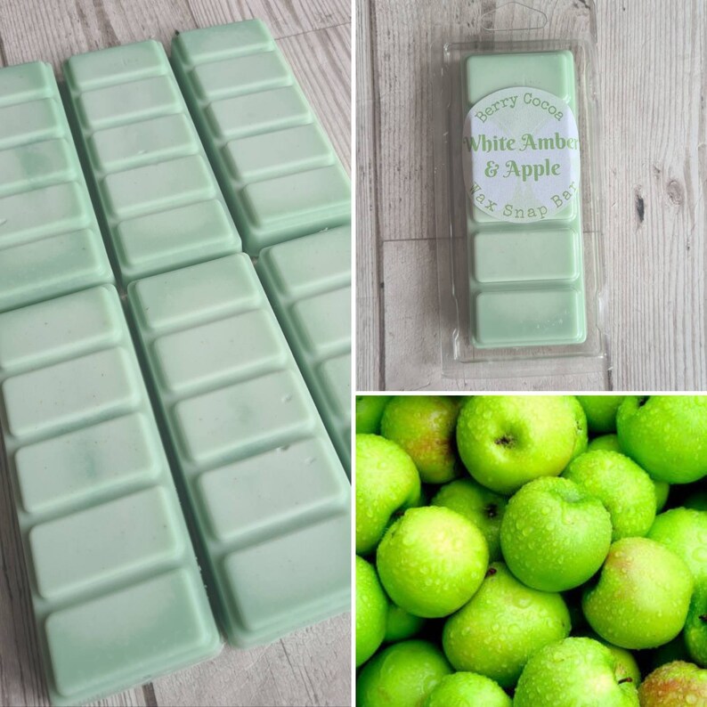 May include: Green wax melts in a snap bar form with the text "Berry Coco White Amber & Apple Wax Snap Bar" on the packaging. A close-up of a pile of green apples.