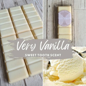 May include: A pack of white wax melts with the text "Very Vanilla Snap Bar" and the words "Sweet Tooth Scent". The image also shows a scoop of vanilla ice cream.