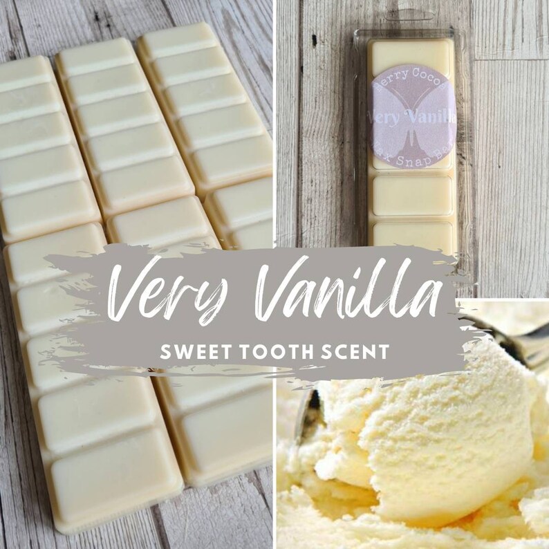 May include: A pack of white wax melts with the text "Very Vanilla Snap Bar" and the words "Sweet Tooth Scent". The image also shows a scoop of vanilla ice cream.