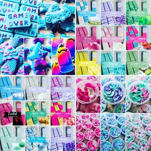 May include: Assortment of colorful wax melts in various shapes and scents, including spring cleaning, rosy, vanilla buttercream, lemon fizz, angelic, coconut and lime, spring mornings, fluffy towels, parma violet, excited, apple pie, rhubarb and custard, uplift, mr darey, lavender, avo bliss, sun and sangria, game over, and a pencil.