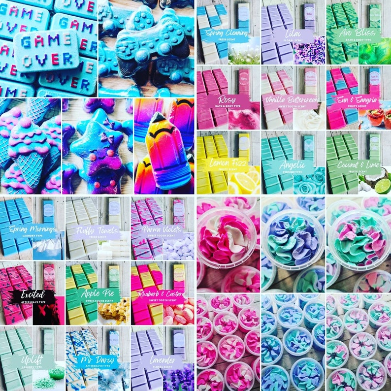 May include: Assortment of colorful wax melts in various shapes and scents, including spring cleaning, rosy, vanilla buttercream, lemon fizz, angelic, coconut and lime, spring mornings, fluffy towels, parma violet, excited, apple pie, rhubarb and custard, uplift, mr darey, lavender, avo bliss, sun and sangria, game over, and a pencil.