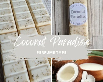 May include: A close-up of a white wax melt bar with a light brown speckled design. The bar is labeled "Berry Cocoa Coconut Paradise Wax Snap Bar". The image also shows a half-cut coconut and a bowl of coconut milk. The text "Coconut Paradise Perfume Type" is displayed below the wax melt bar.