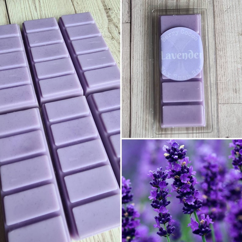 May include: A set of lavender scented wax melts in a clear plastic container. The wax melts are a light purple color and have a label that says "Berry Cocoa Lavender Wax Melts".