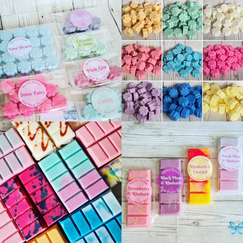 May include: Assortment of colorful soy wax melts in various shapes and scents, including Love Hearts, Snow Fairy, Coconut & Lime, Pink Gin, Candy, Purple Rain, Fresh Mint & Rhubarb, Rhubarb & Custard, Black Plum & Rhubarb, Strawberry & Rhubarb.  Also included are several wax snap bars in various colors and scents.