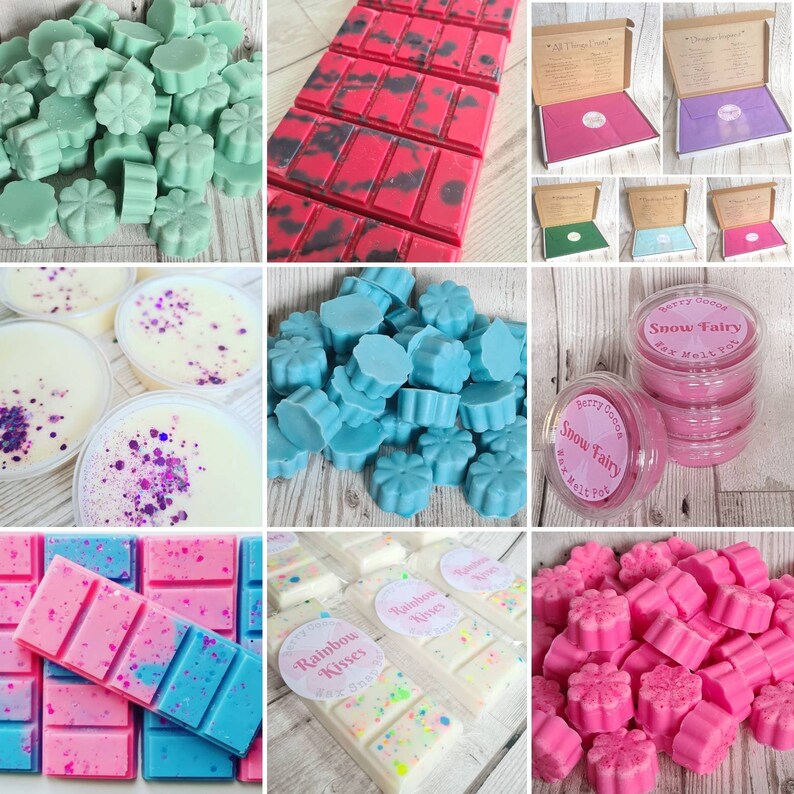 Pode incluir: Conjunto de ceras para derreter em v&aacute;rias formas e cores, incluindo verde, azul, rosa e branco. Algumas ceras s&atilde;o em forma de flores, enquanto outras s&atilde;o em forma de barras. As ceras para derreter s&atilde;o embaladas em recipientes e sacos transparentes.