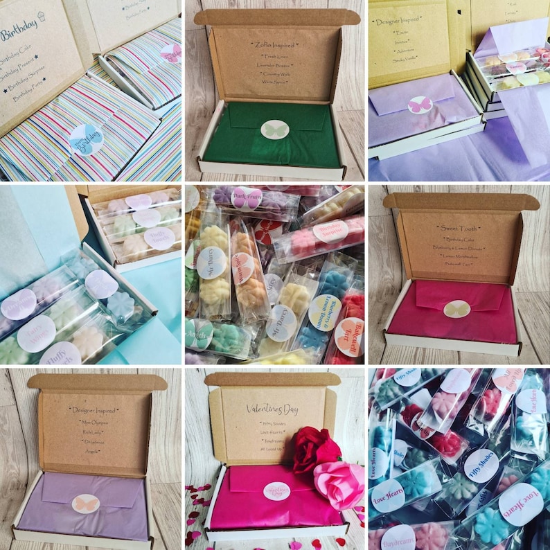 May include: Assortment of wax melts in various scents and colors packaged in white boxes with tissue paper. The boxes are labeled with different themes, such as "Birthday", "Sweet Tooth", "Valentine's Day", and "Zotto Inspired".