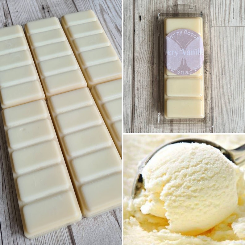 May include: A close-up of a white wax melt snap bar in a clear plastic packaging. The bar is divided into four sections. The packaging has a label that says "Very Vanilla Snap Bar".