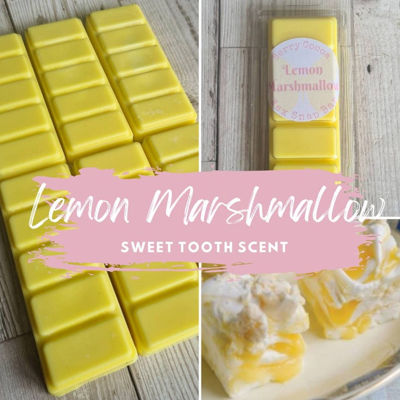 May include: Yellow wax melts in a rectangular shape with the text "Lemon Marshmallow Wax Snap Bar" on the front. The wax melts are arranged in a grid pattern. The text "Lemon Marshmallow Sweet Tooth Scent" is written in pink on a white background.