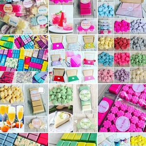 May include: Assortment of colorful wax melts in various shapes and scents, including "So Fresh", "Spa Day", "Key Lime Pie", and "Ice Fairy". Some melts are packaged in clear plastic containers, while others are displayed in boxes.