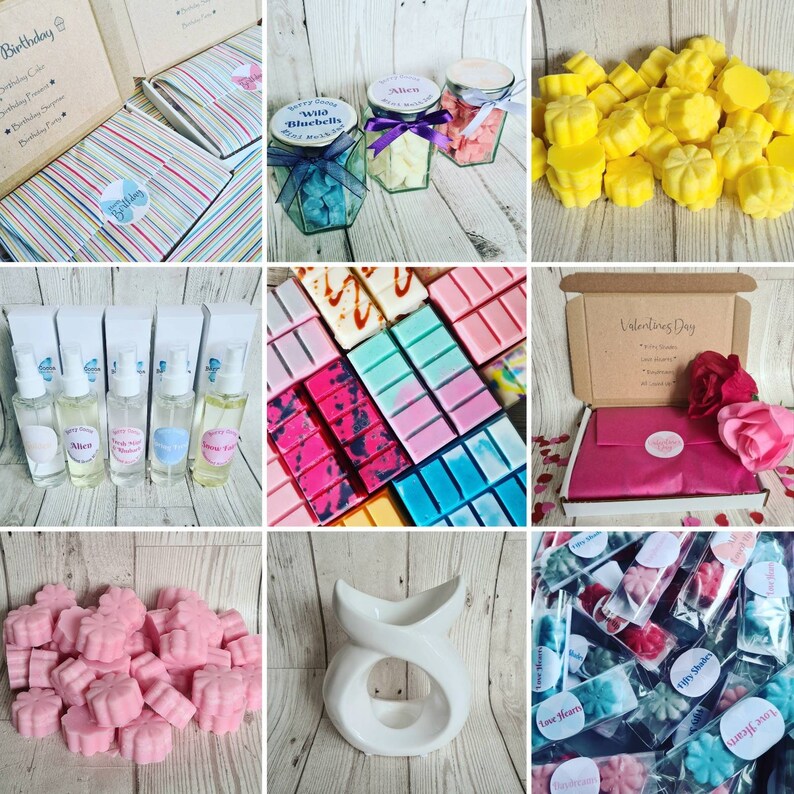 May include: Assortment of wax melts in various scents and colors, including pink, blue, yellow, and green. Some melts are in the shape of flowers, while others are in rectangular bars. The image also shows a white ceramic wax burner and a variety of packaging options for the wax melts.