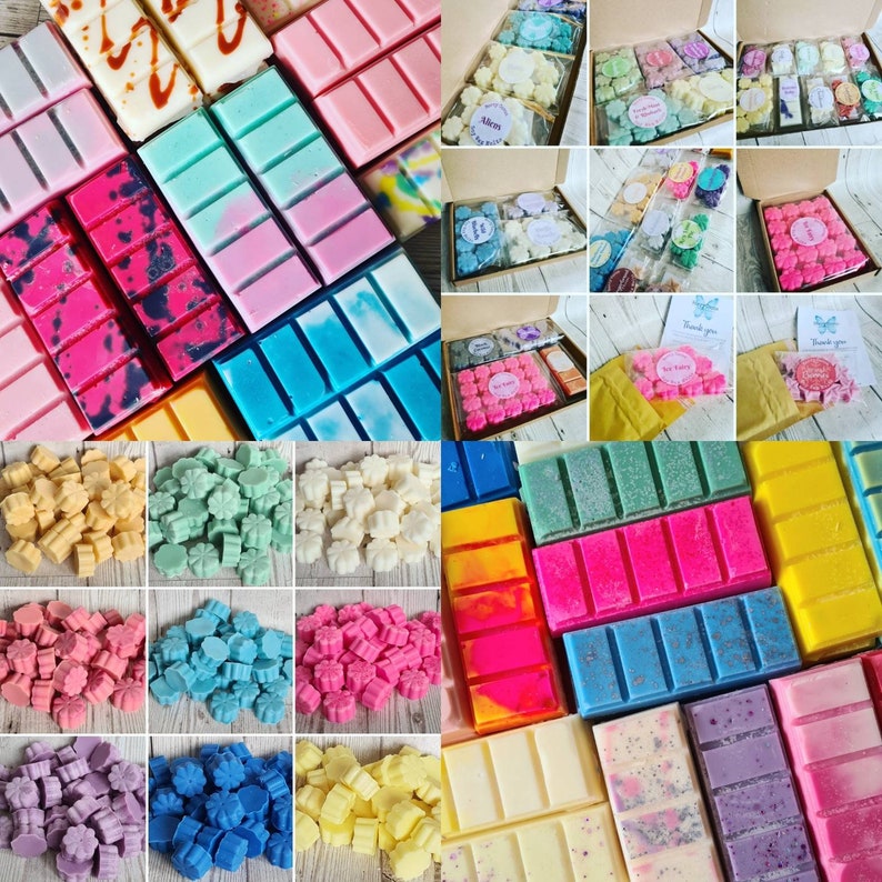 May include: Assortment of wax melts in various colors and scents. The wax melts are packaged in small boxes, bags, and jars. Some of the wax melts are shaped like stars, hearts, and flowers. The wax melts are arranged in a grid pattern on a white background.