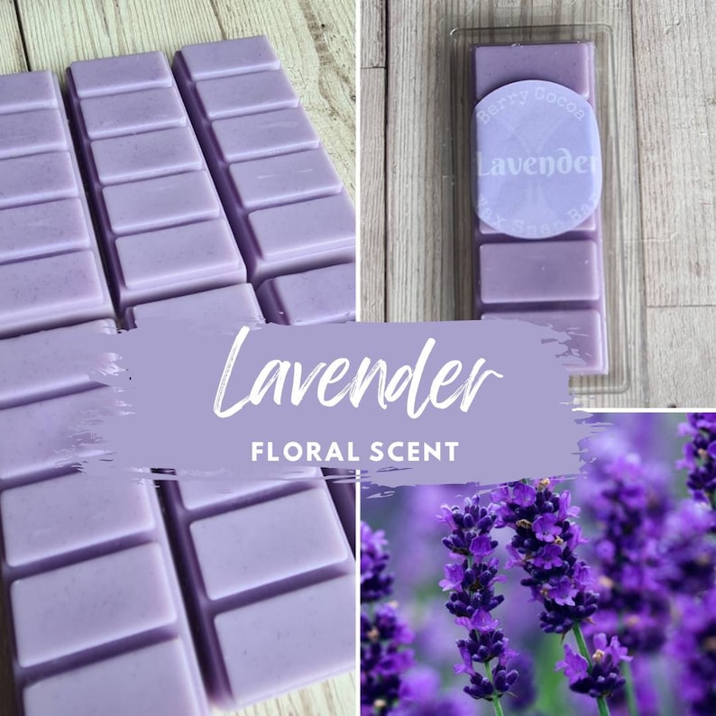 May include: Purple wax melts in a clear plastic container with the text "Berry Coco's Lavender" on the top. The wax melts are arranged in a grid pattern. The image also shows a close-up of lavender flowers.